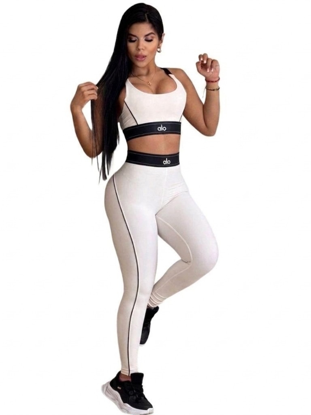 ALO Yoga Cream High-Waist Leggings & Matching Sports Bra with Black Accents